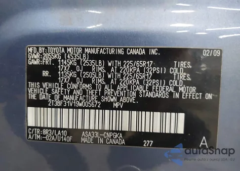 2009 Toyota Rav4 Limited z USA, uszkodzony, nr VIN 2T3BF31V19W005672